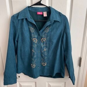 Cappagallo Embroidered Faux‎ Suede Button Down Top Teal Blue Petite Medium